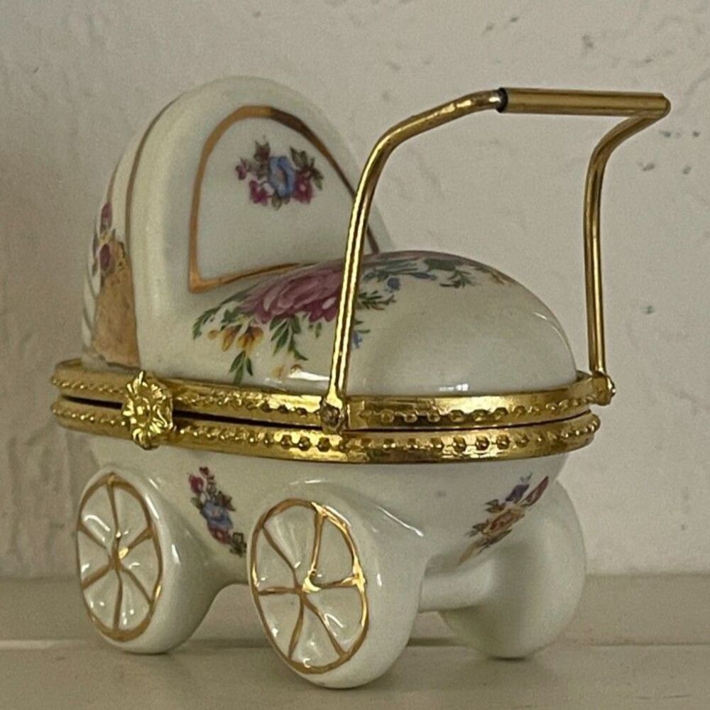 Formalities Baby Buggy Stroller GOLD TRIMMED Carriage Floral Hinged Trinket Box